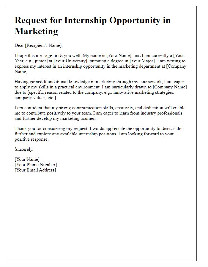 Letter template of request for internship opportunity in marketing