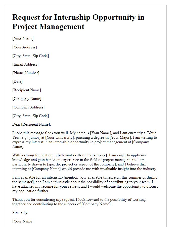 Letter template of request for internship opportunity in project management