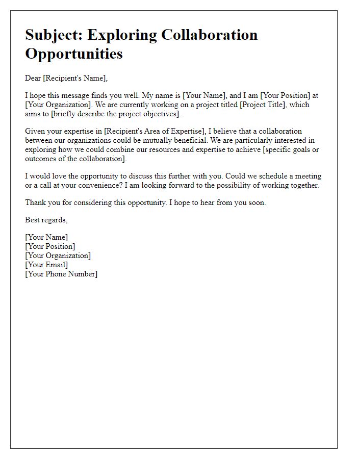 Letter template of exploring collaboration opportunities in project.