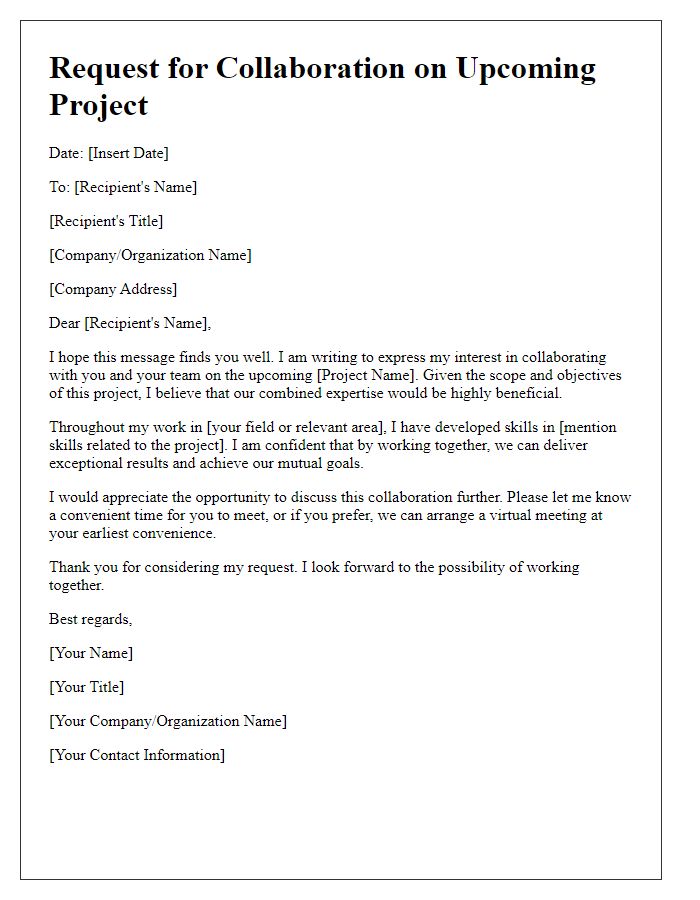 Letter template of request for teamwork on upcoming project.