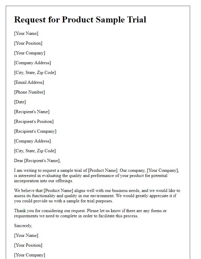 Letter template of request for product sample trial to assess quality.