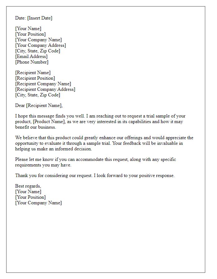 Letter template of request for product sample trial for customer feedback.