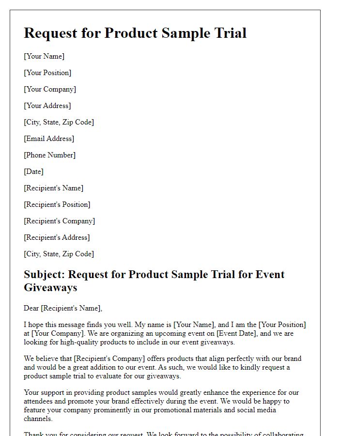 Letter template of request for product sample trial for event giveaways.