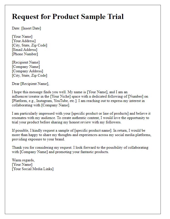 Letter template of request for product sample trial for influencer collaboration.