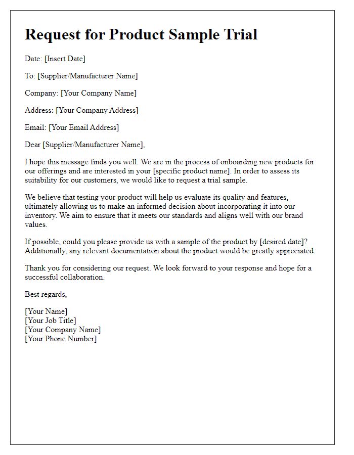 Letter template of request for product sample trial for onboarding process.