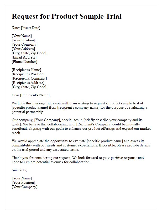 Letter template of request for product sample trial for partnership evaluation.