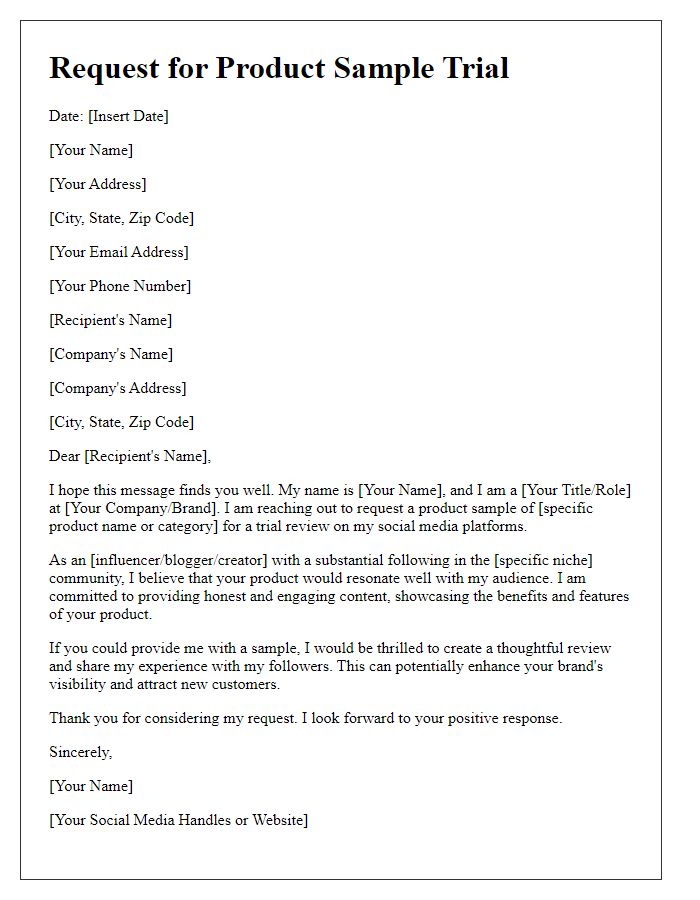 Letter template of request for product sample trial for social media review.