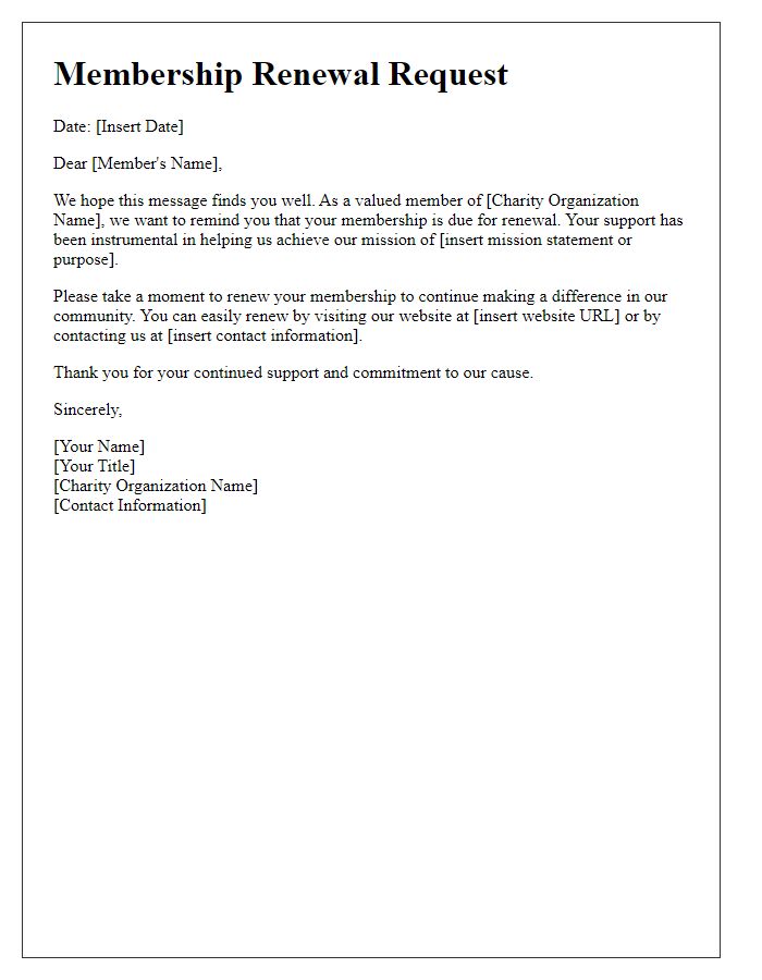 Letter template of membership renewal request for charity organization.