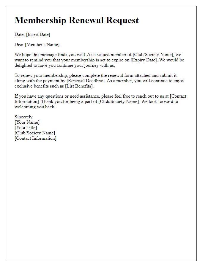 Letter template of membership renewal request for club or society.