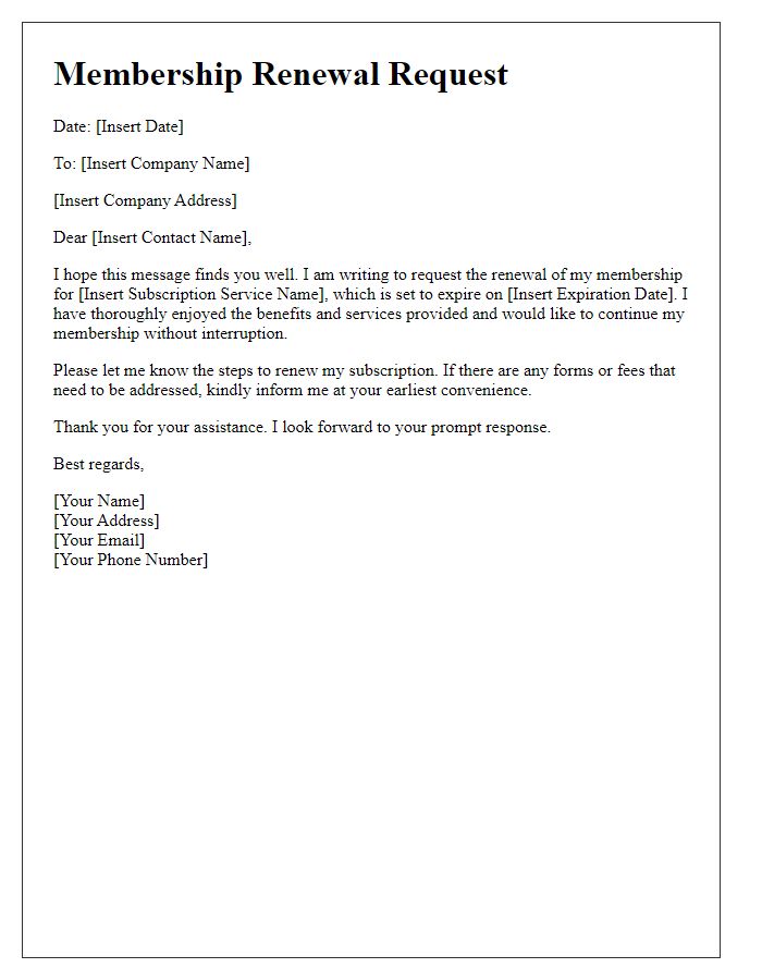 Letter template of membership renewal request for subscription service.