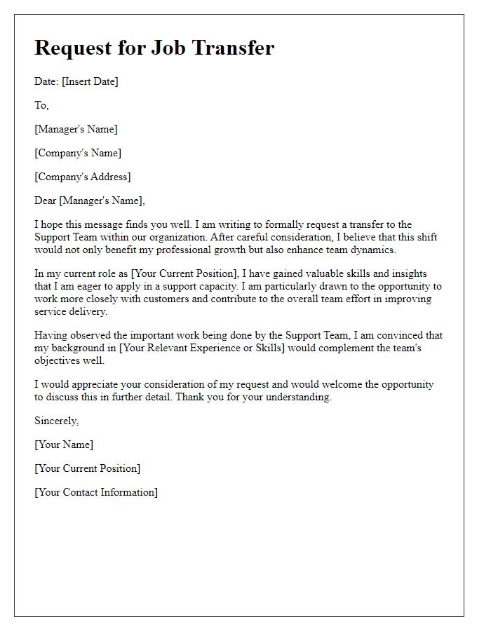 Letter template of request for job transfer to support team dynamics.