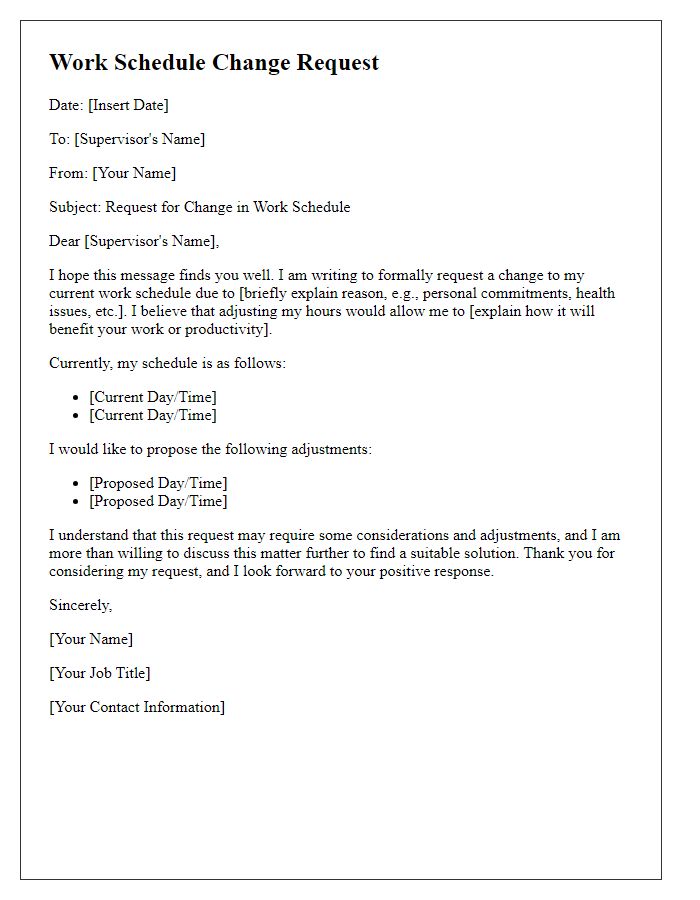 Letter template of formal work schedule change request