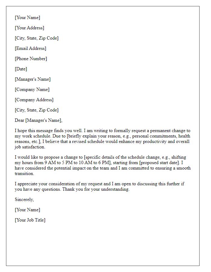 Letter template of permanent work schedule change request