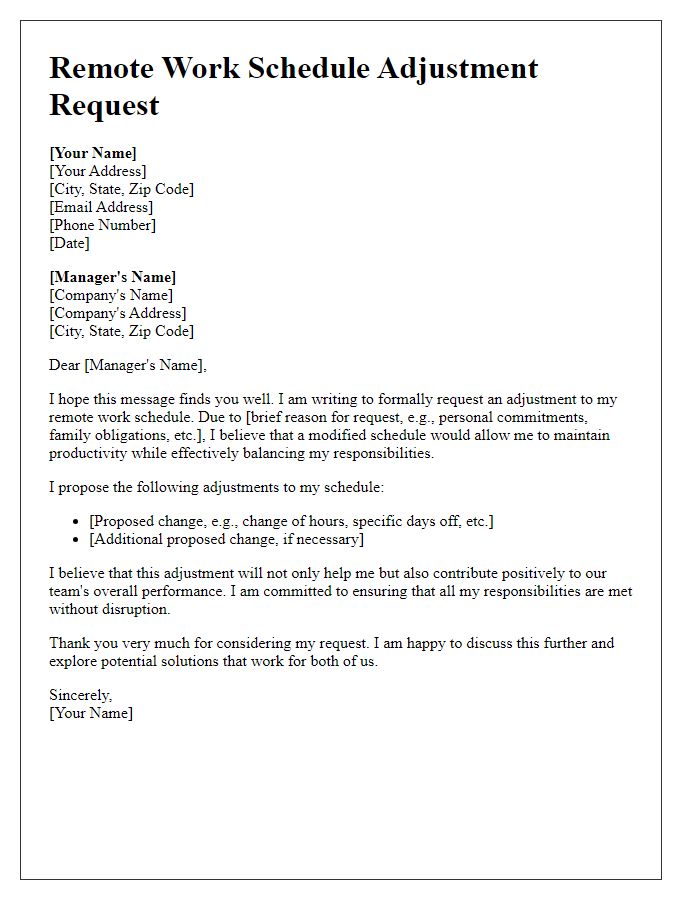 Letter template of remote work schedule adjustment request