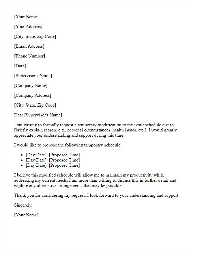 Letter template of temporary work schedule modification request
