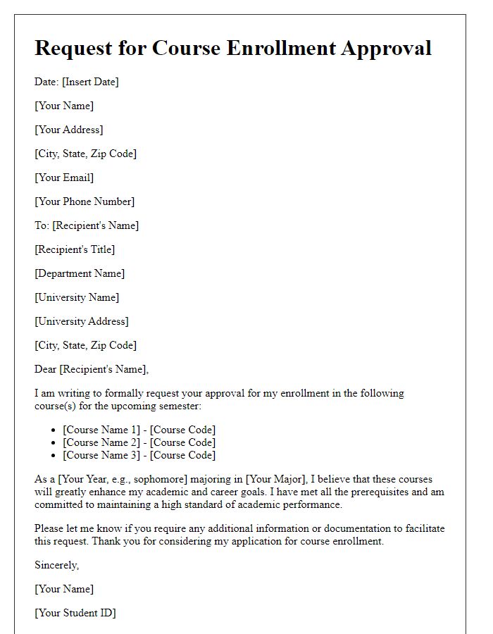 Letter template of request for course enrollment approval for undergraduate studies