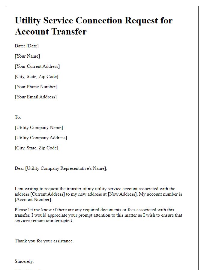 Letter template of Utility Service Connection Request for Account Transfer