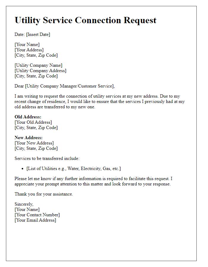 Letter template of Utility Service Connection Request for Change of Address