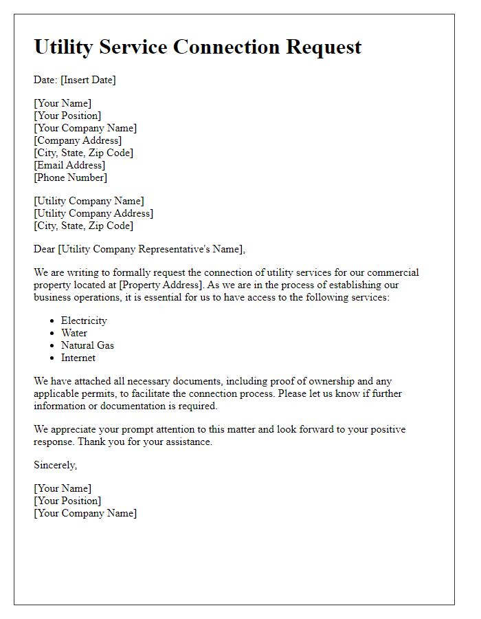 Letter template of Utility Service Connection Request for Commercial Properties