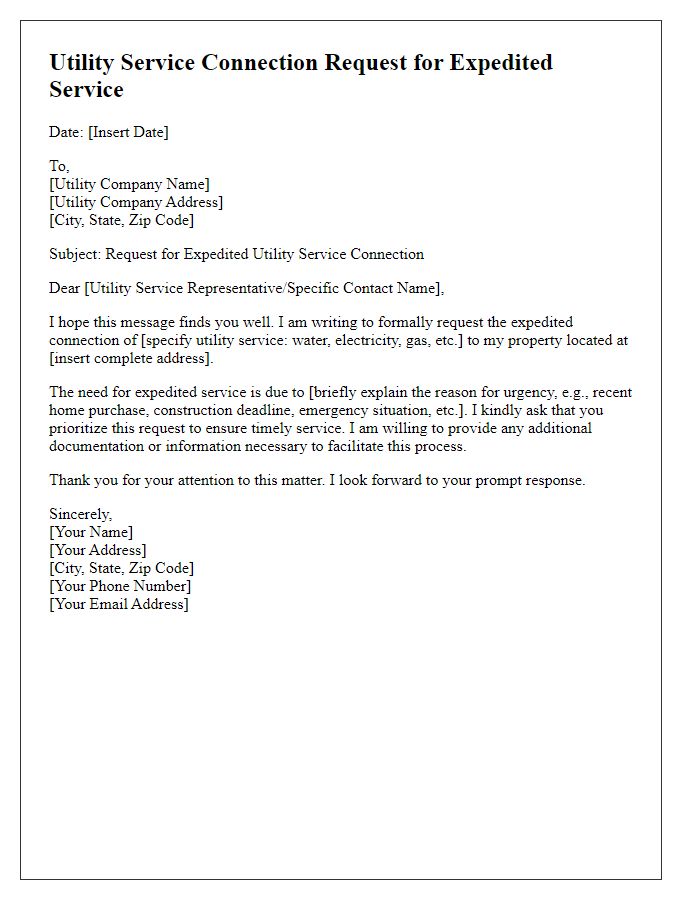 Letter template of Utility Service Connection Request for Expedited Service