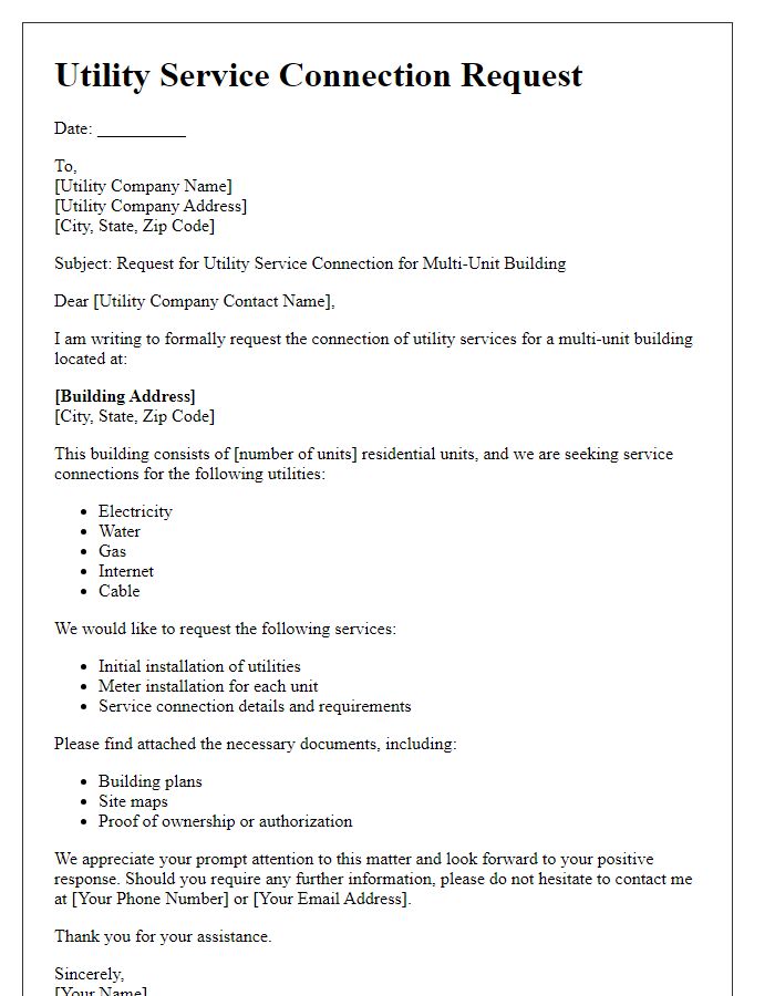 Letter template of Utility Service Connection Request for Multi-Unit Buildings