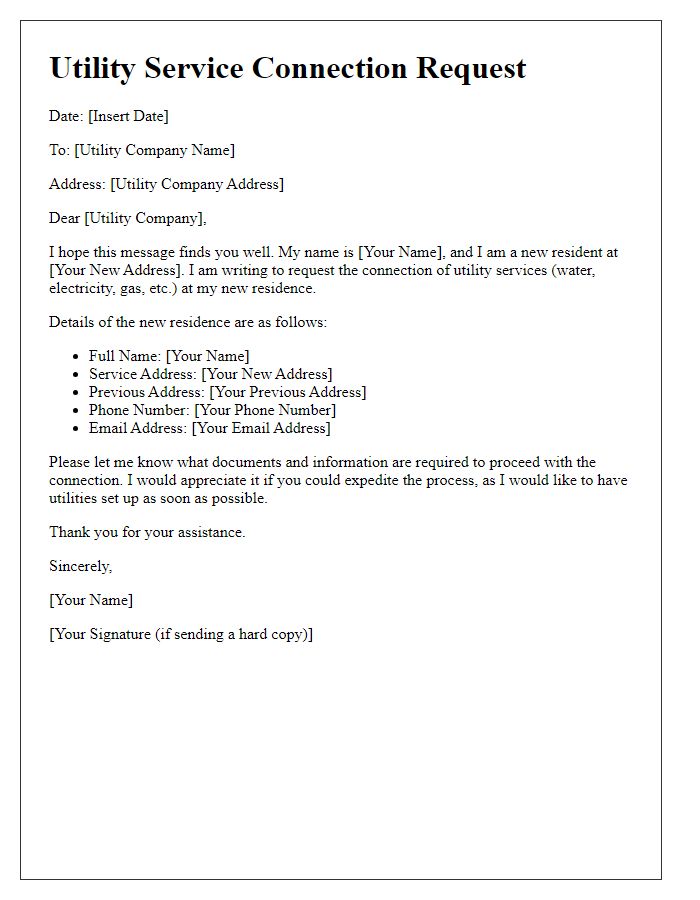 Letter template of Utility Service Connection Request for New Residents