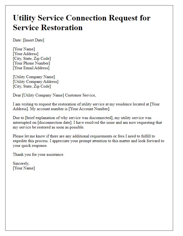 Letter template of Utility Service Connection Request for Service Restoration