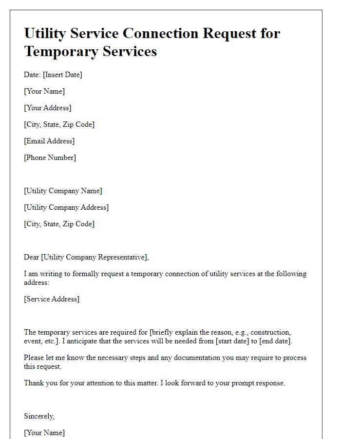 Letter template of Utility Service Connection Request for Temporary Services