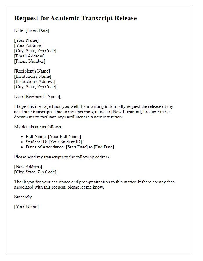 Letter template of request for academic transcript release due to moving