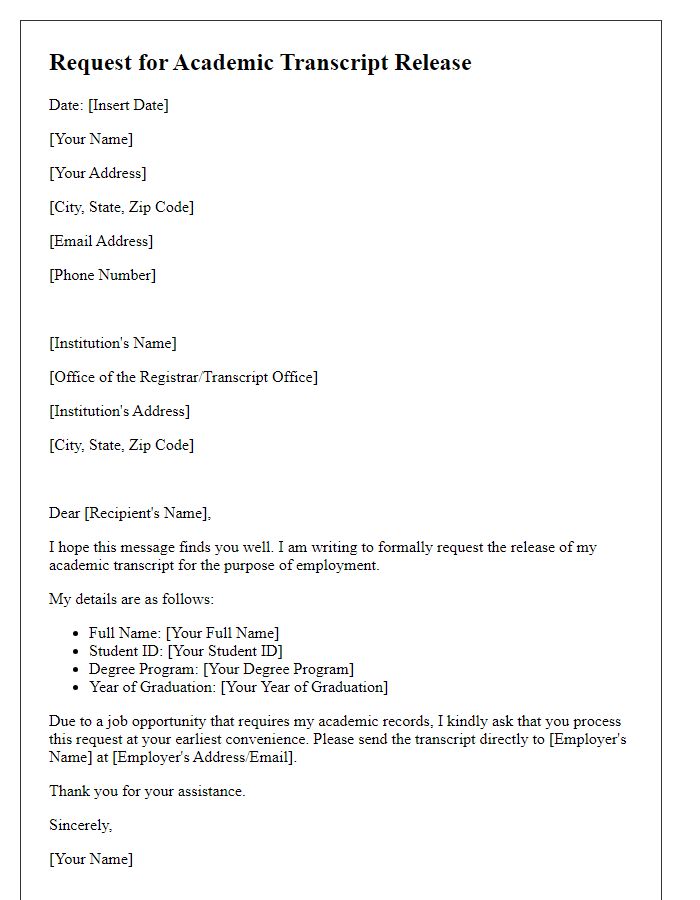 Letter template of request for academic transcript release for employment