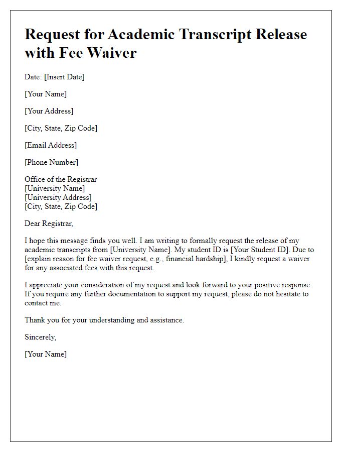 Letter template of request for academic transcript release with fee waiver