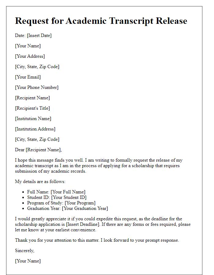 Letter template of request for academic transcript release for scholarship application