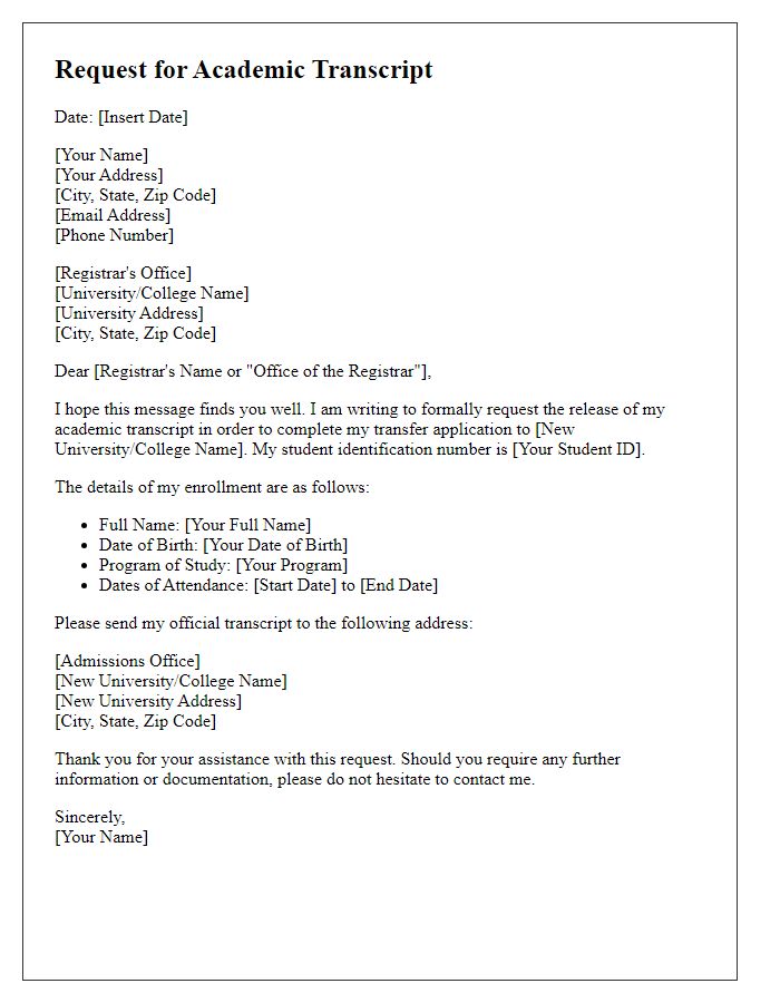 Letter template of request for academic transcript release for transfer application