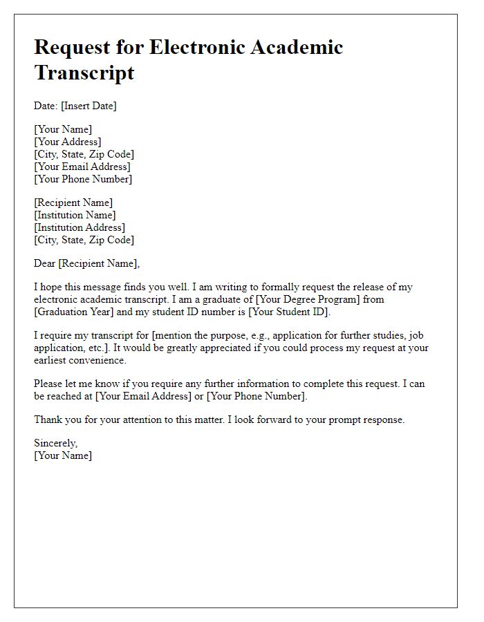 Letter template of request for electronic academic transcript release