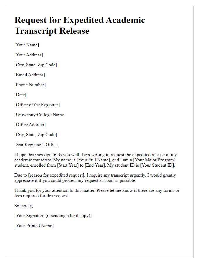 Letter template of request for expedited academic transcript release