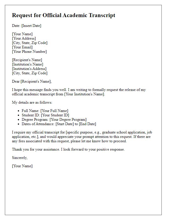 Letter template of request for official academic transcript release