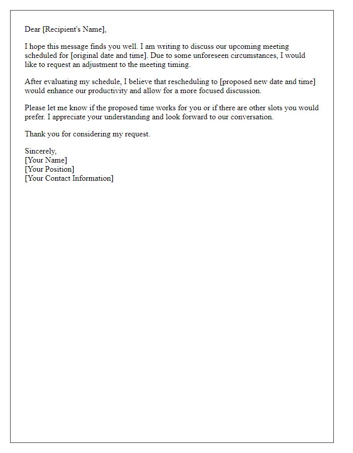 Letter template of request to adjust meeting timing for productivity