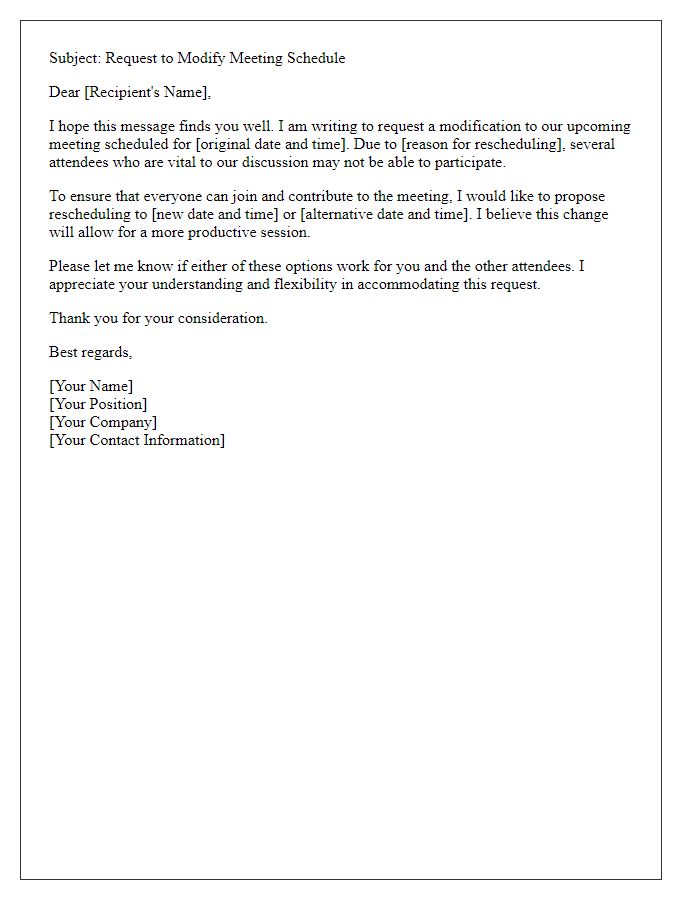 Letter template of request to modify meeting schedule to accommodate attendees