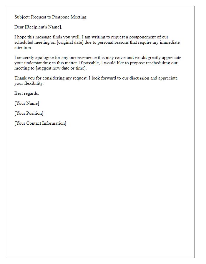 Letter template of request to postpone meeting for personal reasons