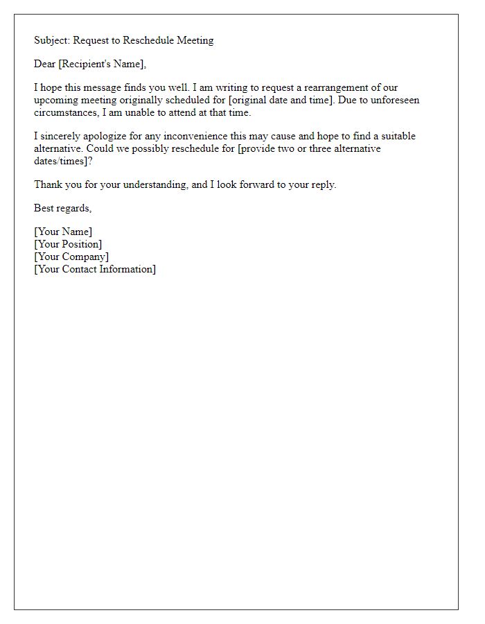 Letter template of request to rearrange meeting due to unforeseen circumstances