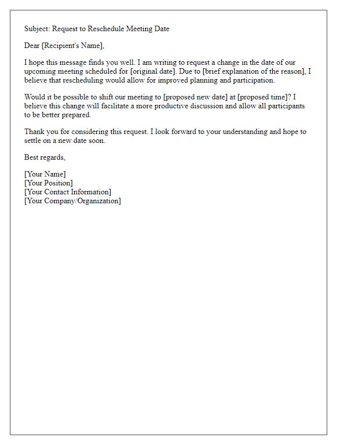 Letter template of request to shift meeting date for improved planning