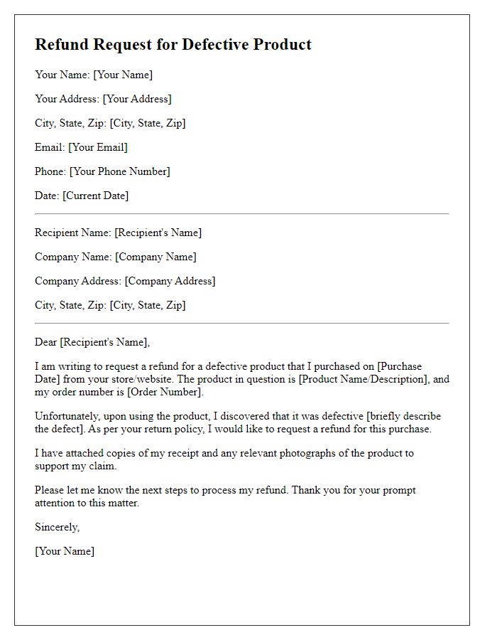 Letter template of refund request due to defective product