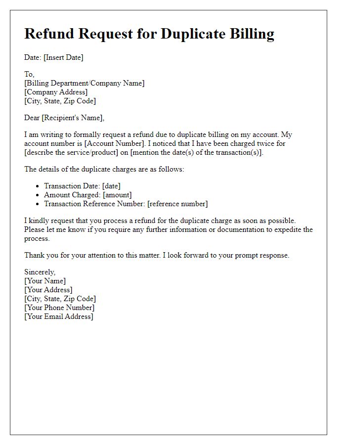 Letter template of refund request for duplicate billing