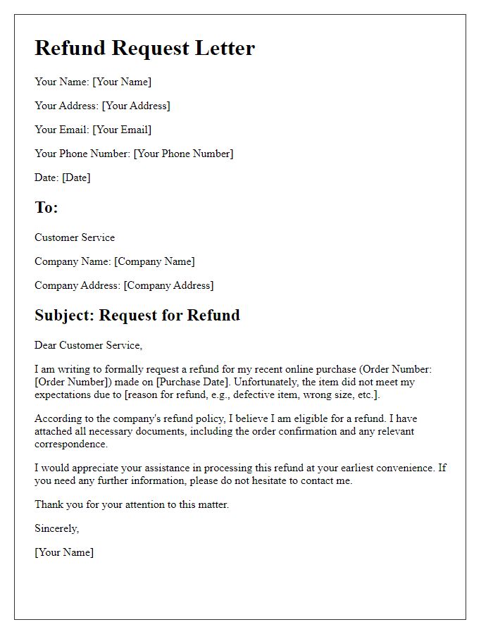 Letter template of refund request for online purchase