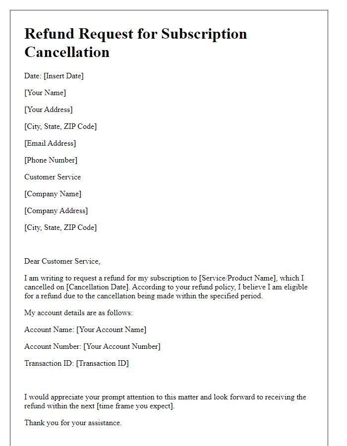 Letter template of refund request for subscription cancellation