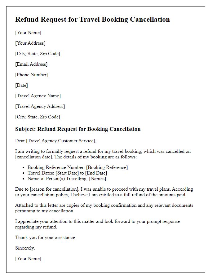 Letter template of refund request for travel booking cancellation