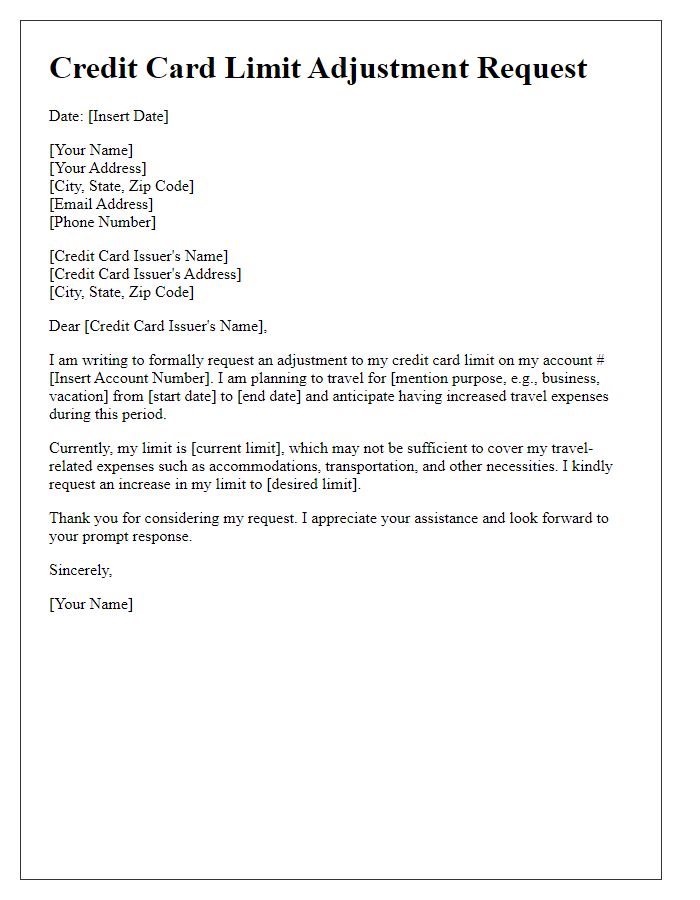 Letter template of credit card limit adjustment request for travel expenses