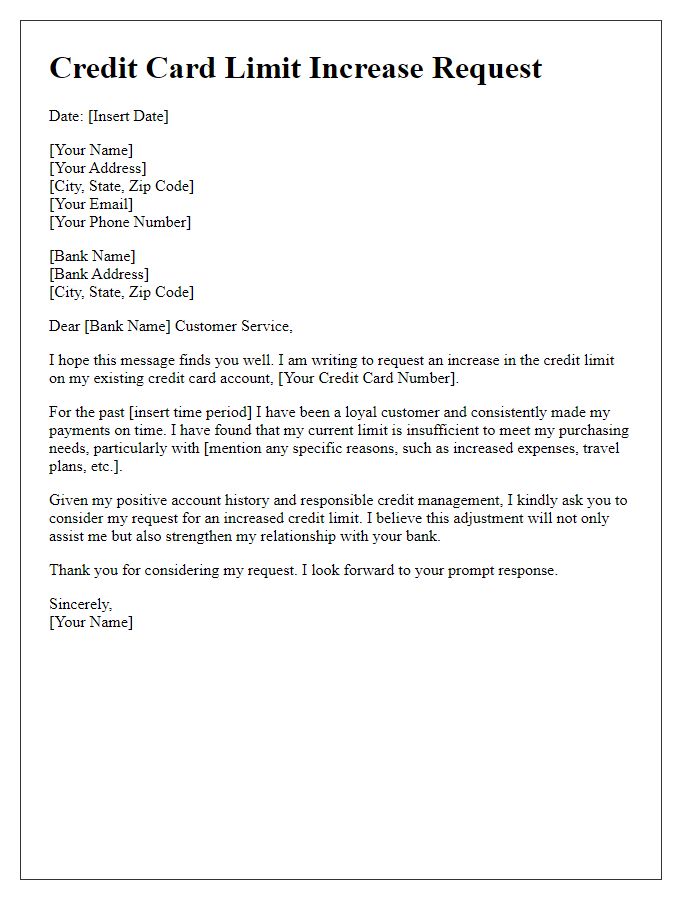 Letter template of credit card limit increase request for existing customers