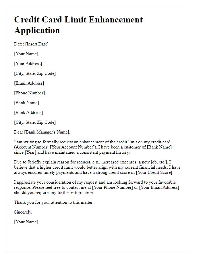 Letter template of formal credit card limit enhancement application