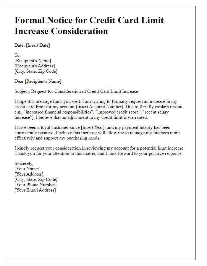 Letter template of formal notice for credit card limit increase consideration